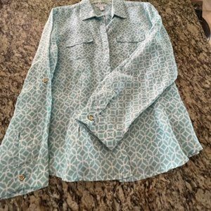 Charter Club Long Sleeve Lovely Light Blouse Off-white and Turquoise Size XL